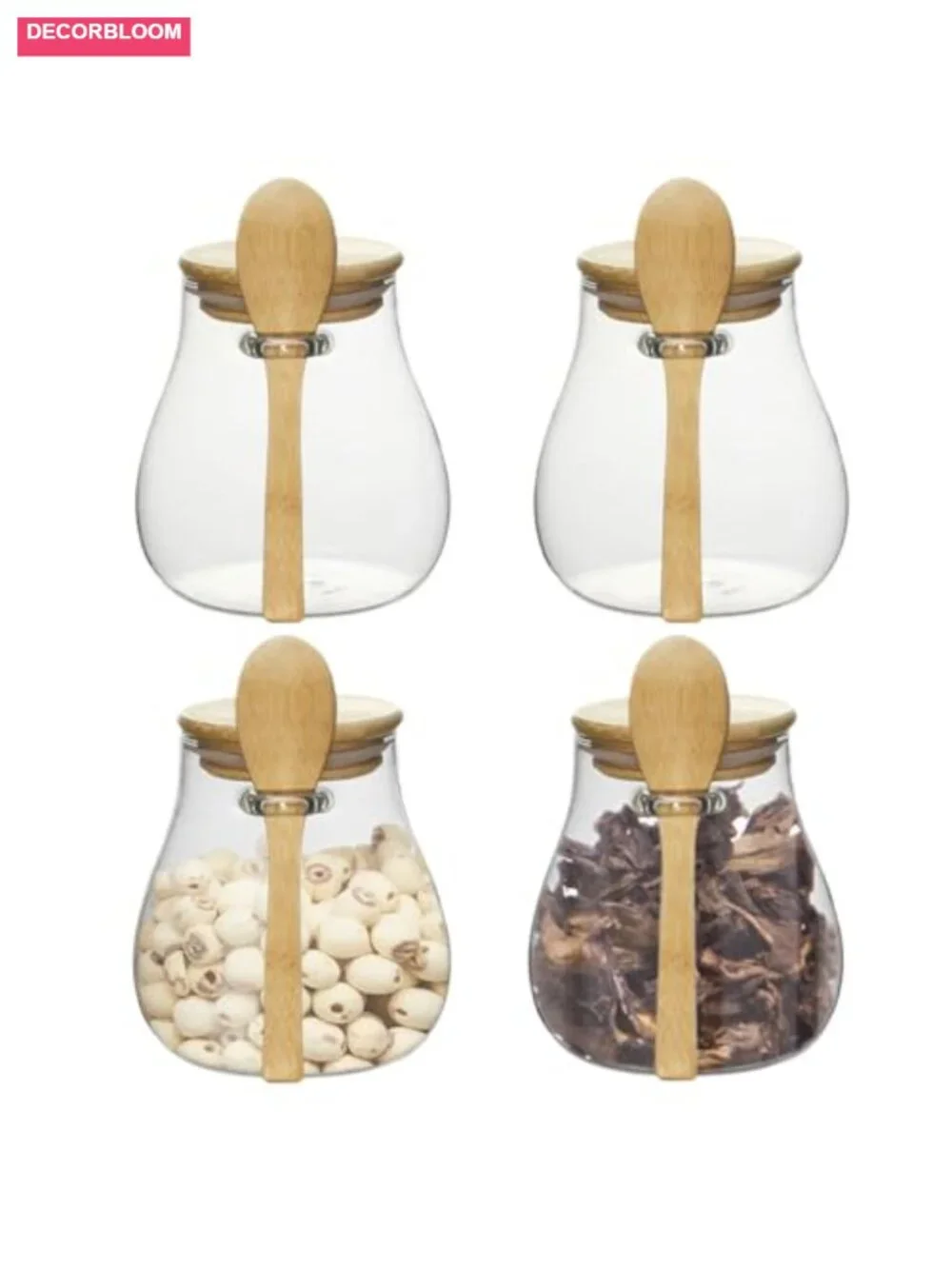 Glass Storage Jars with Bamboo Lids and Spoon - 16 oz Airtight Kitchen